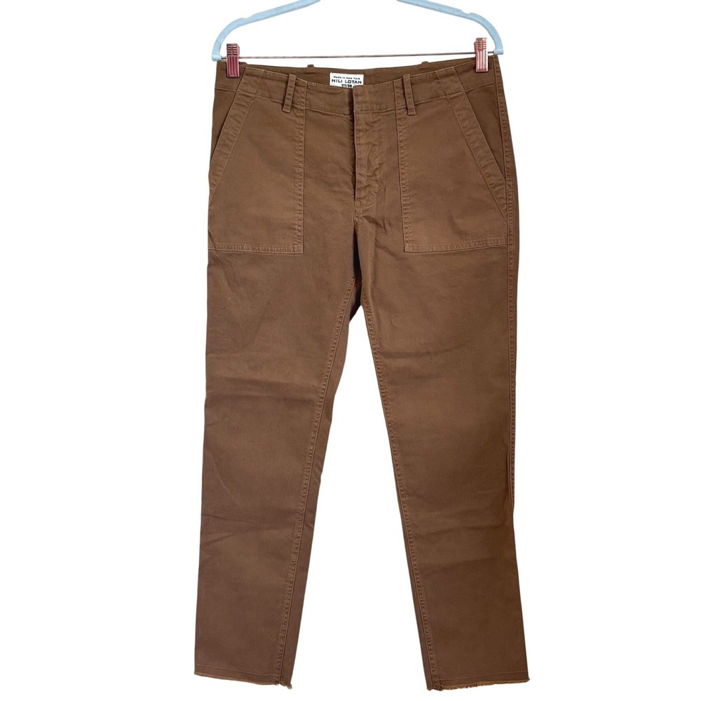Nili Lotan Womens Jenna Slim Crop Stretch Twill Pants 6 Tawny Brown Raw Hem USA
